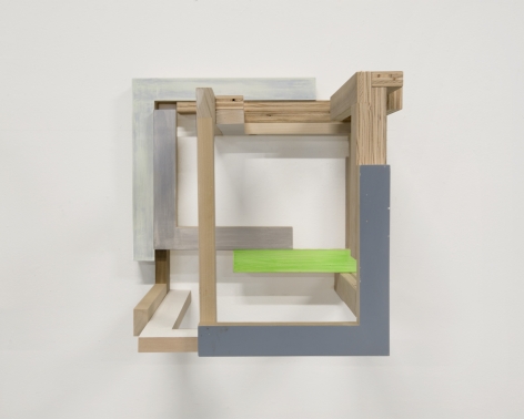 James Woodfill "Training Model: Wall Model #1", birch plywood, poplar, maple with acrylic and gesso, wall mounted, 15" x 15" x 15", 2019, an open wooden wall sculpture, with natural wood, light and medium grey, white and green