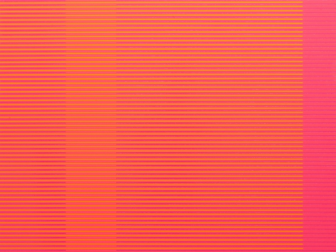 Matthew Kluber - Split Infinitives (pink, yellow, dark-magenta), alkyd on aluminum, 30" x 40", 2019, precisely striped narrow horizontal bands of the colors in the title that start and stop creating the illusion of four subtly varied colored vertical elements