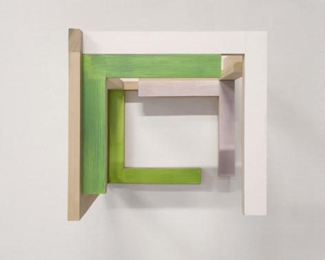 James Woodfill "Training Model: Wall Model #3", birch plywood, poplar, maple with acrylic and gesso, wall mounted, 15" x 15" x 15", 2019, an open wooden wall sculpture, open on the bottom with natural, green, green-yellow, white and pinkish-grey