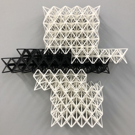 Matthew Kluber Drawing Structure (Single Wing), 3D printed Tough PLA (polylactic acid), 17.5 x 21.25 x 3, 2019, a three dimensional grid structure, wall mounted, suggesting shifting planes of white and black  mini-grids, a bridge? maybe a structure on a planet outpost?