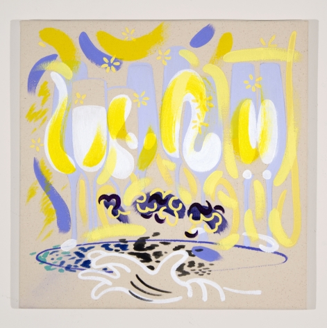 Peter Granados "Champagne", acrylic on canvas on panel, 16" x 16", 2016, bluish purple, yellow, white and black confident swooping mark making - a gloved hand with a platter of celebratory champagne glasses
