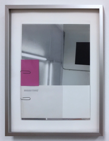 James Woodfill "untitled (Office Work 1)", mixed media, inkjet print, office supplies, 15" x 12", 2018, color samples in grey, white and pink, and image of Woodfill fluorescent light sculpture, connected with paper clips (office work!)