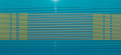 Matthew Kluber, "Parsing the Lingo", alkyd on aluminum, 32" x 72", 2016, a precisely striped painting with a turquoise ground, thin greenish-yellow and blue horizontal stripes, and a central section with three vertical elements at each end - not matching, but balanced