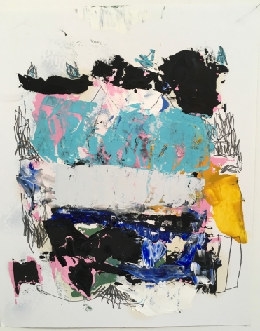 an abstract James Brinsfield painting on paper reminiscent of the artists larger paintings on canvas - a stack of shapes in warm white, black, blue and pink and paint-stick drawing