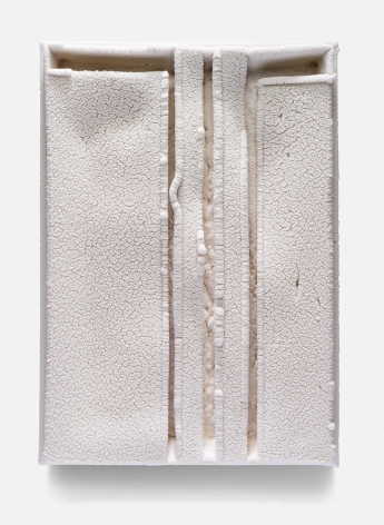 Cary Esser, Parfleche (w3), earthenware and glaze, 16.9" x 11.9" x 2.1", 2017, rectangular ceramic "parfleche" in a rich warm white, with three strong vertical indentations and a strong horizontal void space at the top