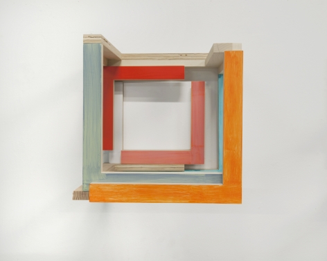 James Woodfill "Training Model: Wall Model #2", birch plywood, poplar, maple with acrylic and gesso, wall mounted, 15" x 15" x 15", 2019, an open wooden wall sculpture with natural, orange, blue-grey, blue, red and pink.