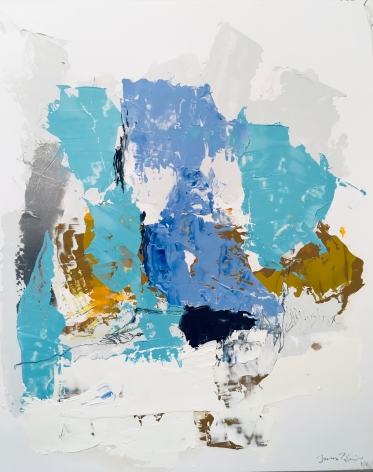 a beautiful abstract James Brinsfield painting with broad shapes of aquamarine, steel blue, earth tones. grey, silver and white