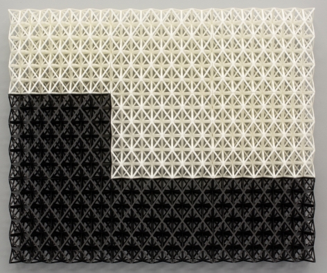 Matthew Kluber Drawing Structure (Carry the Zero), 3D printed Tough PLA (polylactic acid), 17.5 x 21.25 x 3, 2019, a three dimensional grid structure, wall mounted, with black "L" shaped black grid on lower left and bottom, overtopped with a white grid filling the remainder of this rectangular piece.