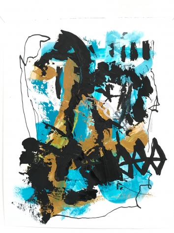 an abstract James Brinsfield painting with bright blue and earth tones and thick and thin black painted drawing over it in vertical marks and diamond shapesarine shapes rising and stopped with larger orange-yellow and deep blue shapes on top
