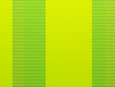 Matthew Kluber - Split Infinitives (green, chartreuse, blue-green), alkyd on aluminum, 30" x 40", 2019, precisely striped narrow horizontal bands of the colors in the title that start and stop creating the illusion of four major variously colored vertical elements