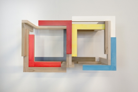 James Woodfill "Training Model: Wall Model #5 Deucea", Birch plywood, poplar, maple with acrylic and gesso, wall mounted, 15" x 27" x 15", 2019, an open double chambered wooden wall sculpture with natural, red, yellow, white, medium grey and blue