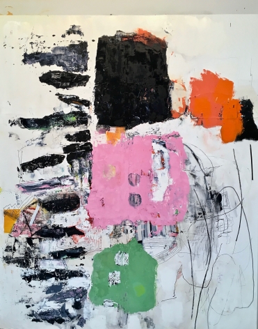 Ametora - Japanese version of American "style" - a James Brinsfield abstract painting with black, pink, green and orange blocky shapes, and linear drawing