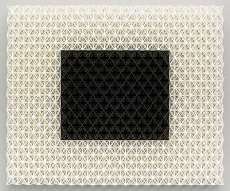 Matthew Kluber Drawing Structure (Mainframe), 3D printed Tough PLA (polylactic acid), 23.5 x 28.5 x 3, 2019, a three dimensional grid structure, wall mounted, with a white grid surrounding a center black grid