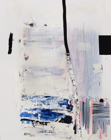 a large abstract James Brinsfield painting, the first in his "division" series, a vertical birch trunk divider with interrupted dark blue and black stack opposed by an orderly stack of grey and pink