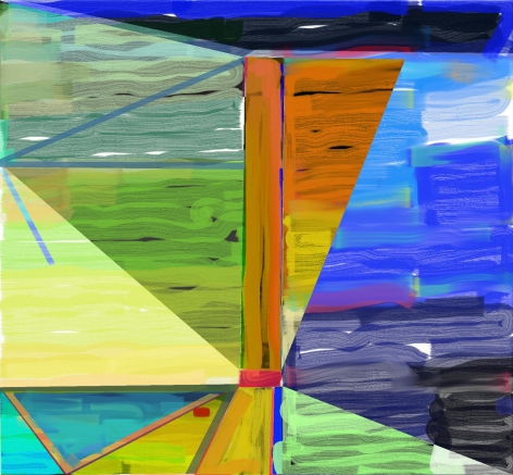 Abstract orange, blue, green and yellow digital painting by Warren Rosser. Pole Series "A", 2019,  archival digital print on Sunset archival cotton etching paper,  30h x 32w in.