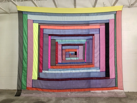 Rachel Hayes "Shelter 1", see through fabric wall hanging, colorful stripes around a center