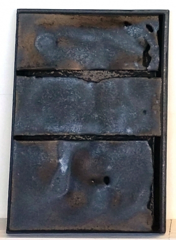 Cary Esser, Parfleche (metallic2), earthenware and glaze, 16" x 12" x 2", 2018, rectangular ceramic "parfleche" with a beautiful metallic glaze, two intentional strong horizontal void elements, and one intentional strong vertical void element along the lower right side