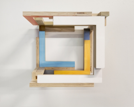 James Woodfill, "Training Model: Wall Model #4", birch plywood, poplar, maple with acrylic and gesso, wall mounted, 15" x 15" x 15", 2019, an open wooden wall sculpture, open on the left with natural, white, orange, sky and sea blue and orange