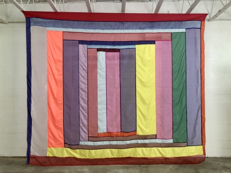 Rachel Hayes "Shelter 2", see through fabric wall hanging, colorful stripes