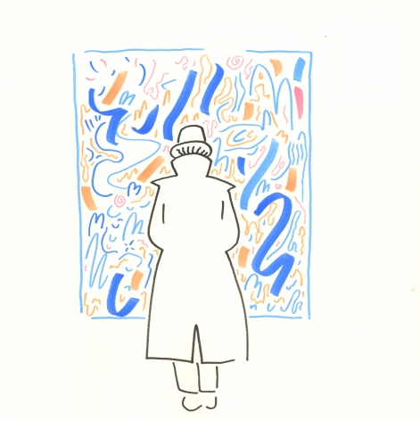 Peter Granados "Detective Looking at a Painting I", Sakura Permapeque Markers on Sennelier's Le Maxi Block Paper, 10" x 10", 2017, blue, orange, pink confident, swift mark making seeing a black outlined detective from behind examining a painting on the wall