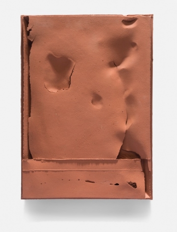 Cary Esser, Parfleche (r3), unglazed red earthenware, 16" x 11.9" x 1.4", 2017 (sold), rectangular ceramic "parfleche", reddish color, with paper-like surface layer and intentional void spaces, now in a Museum collection