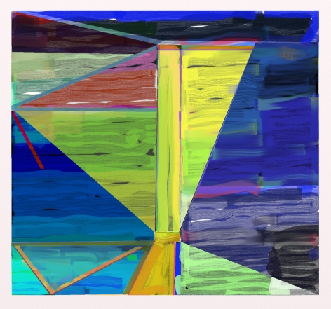 Abstract blue, yellow, green and mauve digital painting by Warren Rosser. Pole Series "C", 2019,  archival digital print on Sunset archival cotton etching paper,  30h x 32w in.