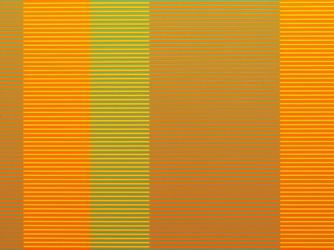 Matthew Kluber - Split Infinitives (orange, aqua, chartreuse), alkyd on aluminum, 30" x 40", 2019, precisely striped narrow horizontal bands of the colors in the title that start and stop creating the illusion of five variously colored vertical elements