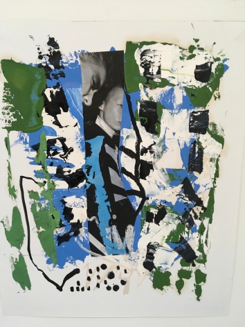 an abstract James Brinsfield painting with open space, greens, different blues, black mark making and drawing, and part of a black and white collaged photo